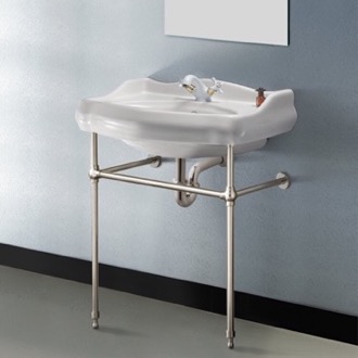 Console Bathroom Sink Traditional Ceramic Console Sink With Satin Nickel Stand, 24