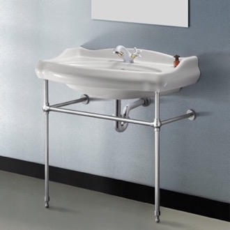 Console Bathroom Sink Traditional Ceramic Console Sink With Chrome Stand, 32