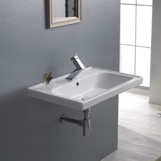 Bathroom Sink Rectangle White Ceramic Wall Mounted or Drop In Sink CeraStyle 031000-U
