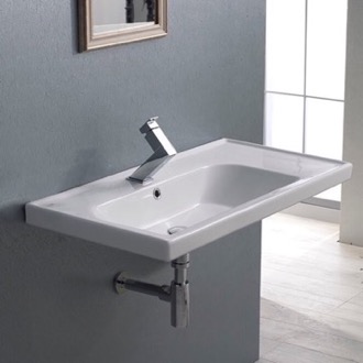 Bathroom Sink Rectangular Ceramic Wall Mounted or Drop In Sink With Counter Space CeraStyle 031100-U