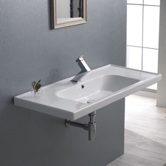 Bathroom Sink Rectangle White Ceramic Wall Mounted or Drop In Sink CeraStyle 031400-U