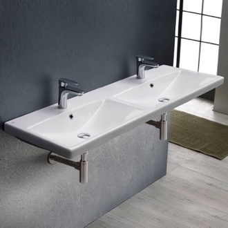 Bathroom Sink Rectangular Double White Ceramic Wall Mounted or Drop In Sink CeraStyle 032500-U