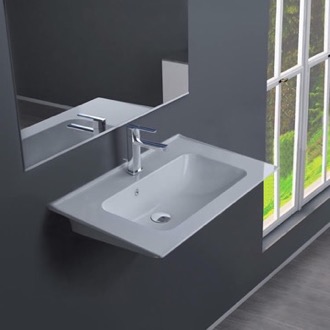 Bathroom Sink Rectangular White Ceramic Wall Mounted or Drop In Sink CeraStyle 041900-U