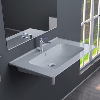 Bathroom Sink Rectangular White Ceramic Wall Mounted Sink CeraStyle 042000-U
