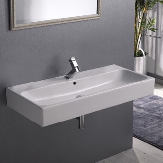 Bathroom Sink Rectangular White Ceramic Wall Mounted or Vessel Sink CeraStyle 080300-U