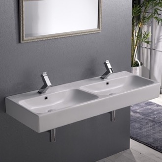 Bathroom Sink Double Rectangular Ceramic Wall Mounted or Vessel Sink CeraStyle 080700-U