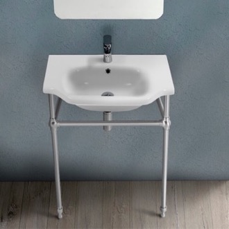 Console Bathroom Sink Traditional Ceramic Console Sink With Chrome Stand, 26