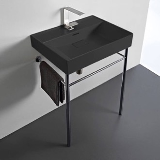 Console Bathroom Sink Rectangular Matte Black Ceramic Console Sink and Polished Chrome Stand, 24