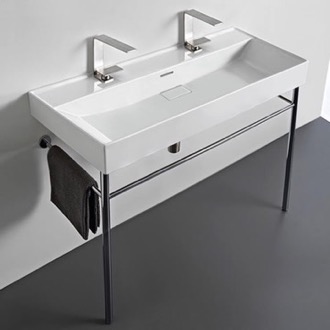 Console Bathroom Sink Trough White Ceramic Console Sink and Polished Chrome Stand, 40