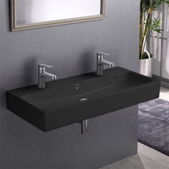 Bathroom Sink Trough Black Ceramic Wall Mounted or Vessel Sink CeraStyle 080507-U-97