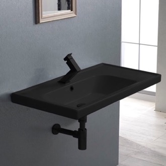 Bathroom Sink Matte Black Ceramic Wall Mounted or Drop In Sink With Counter Space CeraStyle 031107-U-97