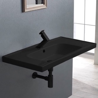 Bathroom Sink Matte Black Rectangle Ceramic Wall Mounted or Drop In Sink CeraStyle 031207-U-97