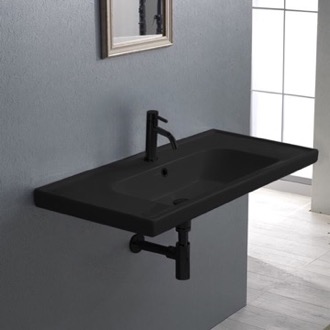 Bathroom Sink Matte Black Rectangle Ceramic Wall Mounted or Drop In Sink CeraStyle 031307-U-97