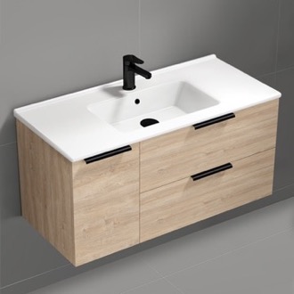 Bathroom Vanity 40 Inch Wall Mounted Bathroom Vanity, Ceramic Sink with Counter Space, 1 Door, 2 Drawers, Brown Oak Nameeks BODRUM117