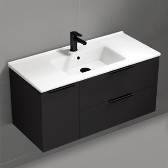 Bathroom Vanity 40 Inch Black Wall Mounted Bathroom Vanity, Ceramic Sink with Counter Space, 1 Door, 2 Drawers Nameeks BODRUM119