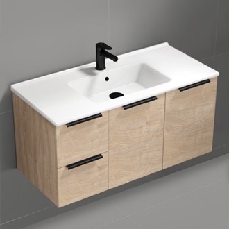 Bathroom Vanity 40 Inch Wall Mounted Bathroom Vanity, Ceramic Sink with Counter Space, 2 Doors, 2 Drawers, Brown Oak Nameeks BODRUM135