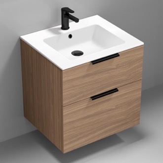 Bathroom Vanity 24 Inch Walnut Floating Bathroom Vanity, Ceramic Sink Top, 2 Drawers Nameeks IBIZA2