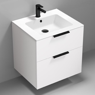 Bathroom Vanity 24 Inch Floating Bathroom Vanity, Ceramic Sink Top, 2 Drawers, Glossy White Nameeks IBIZA4