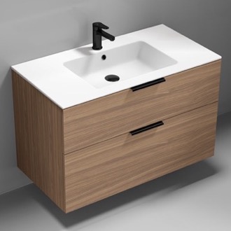 Bathroom Vanity 40 Inch Walnut Floating Bathroom Vanity, Ceramic Sink, Counter Space, 2 Drawers Nameeks IBIZA18