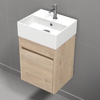 Bathroom Vanity 16 Inch Small Floating Bathroom Vanity, Narrow Depth, Ceramic Sink Top, 1 Door, Brown Oak Nameeks MINI21