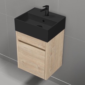 Bathroom Vanity 16 Inch Small Floating Bathroom Vanity, Narrow Depth, Black Ceramic Sink Top, 1 Door, Brown Oak Nameeks MINI24