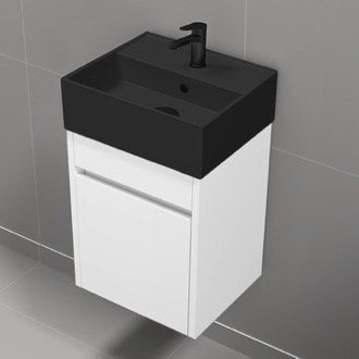 Bathroom Vanity 16 Inch Small Floating Bathroom Vanity, Narrow Depth, Black Ceramic Sink Top, 1 Door, Glossy White Nameeks MINI25