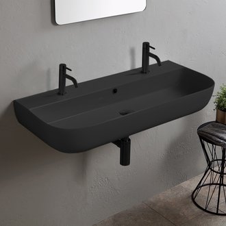 Bathroom Sink Matte Black Ceramic Trough Wall Mounted or Vessel Sink Scarabeo 1813B-49