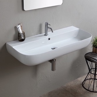 Bathroom Sink Modern White Ceramic Wall Mounted or Vessel Sink Scarabeo 1813