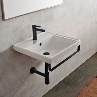 Bathroom Sink Rectangular Wall Mounted Ceramic Sink With Matte Black Towel Bar Scarabeo 3004-TB-BLK