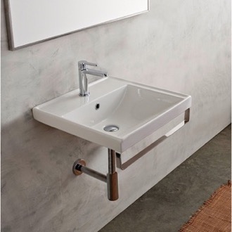 Bathroom Sink Rectangular Wall Mounted Ceramic Sink With Polished Chrome Towel Bar Scarabeo 3004-TB