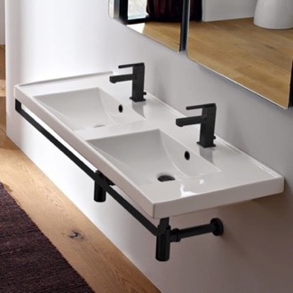Bathroom Sink Double Basin Wall Mounted Ceramic Sink With Matte Black Towel Bar Scarabeo 3006-TB-BLK