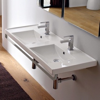 Bathroom Sink Double Basin Wall Mounted Ceramic Sink With Polished Chrome Towel Bar Scarabeo 3006-TB