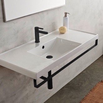Bathroom Sink Rectangular Wall Mounted Ceramic Sink With Matte Black Towel Bar Scarabeo 3007-TB-BLK