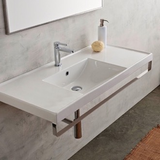 Bathroom Sink Rectangular Wall Mounted Ceramic Sink With Polished Chrome Towel Bar Scarabeo 3007-TB