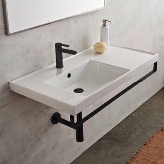 Bathroom Sink Rectangular Wall Mounted Ceramic Sink With Matte Black Towel Bar Scarabeo 3008-TB-BLK
