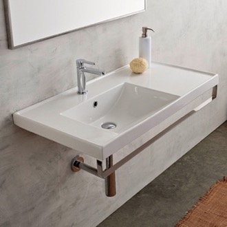 Bathroom Sink Rectangular Wall Mounted Ceramic Sink With Polished Chrome Towel Bar Scarabeo 3008-TB