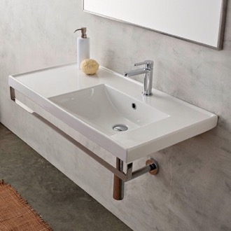 Bathroom Sink Rectangular Wall Mounted Ceramic Sink With Polished Chrome Towel Bar Scarabeo 3009-TB
