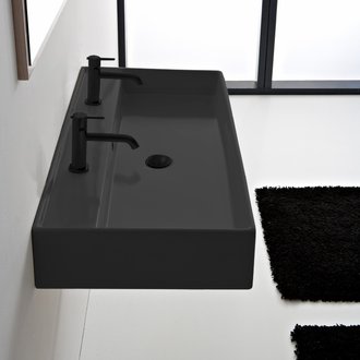 Bathroom Sink Matte Black Ceramic Trough Wall Mounted or Vessel Sink Scarabeo 8031/R-120B-49