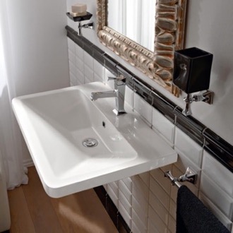 Bathroom Sink Rectangular White Ceramic Wall Mounted or Vessel Sink Scarabeo 4004