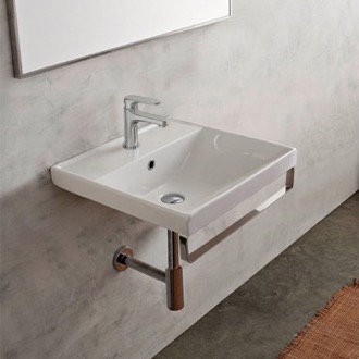 Bathroom Sink Square Wall Mounted Ceramic Sink With Polished Chrome Towel Bar Scarabeo 3001-TB