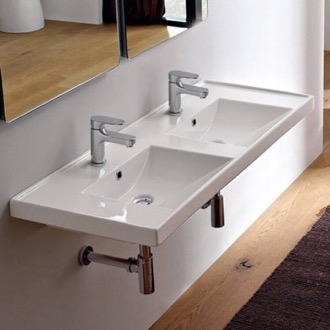 Bathroom Sink Rectangular Double White Ceramic Drop In or Wall Mounted Bathroom Sink Scarabeo 3006