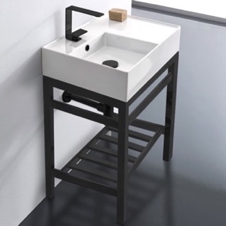 Console Bathroom Sink Modern Ceramic Console Sink With Counter Space and Matte Black Base, 24