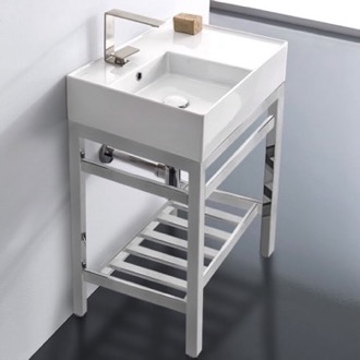 Console Bathroom Sink Modern Ceramic Console Sink With Counter Space and Chrome Base, 24