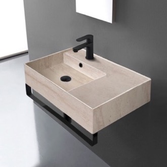Bathroom Sink Beige Travertine Design Ceramic Wall Mounted Sink With Black Towel Bar Scarabeo 5114-E-TB-BLK