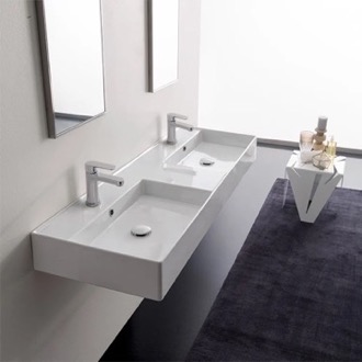 Bathroom Sink Double Rectangular Ceramic Wall Mounted or Vessel Sink With Counter Space Scarabeo 5116