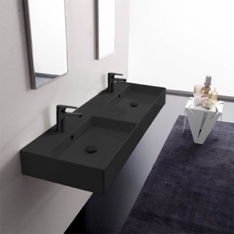 Bathroom Sink Double Black Ceramic Wall Mounted or Vessel Sink With Counter Space Scarabeo 5116-49