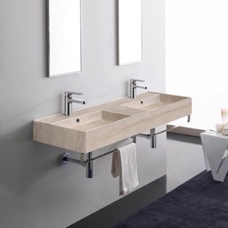 Bathroom Sink Beige Travertine Design Ceramic Wall Mounted Double Sink With Polished Chrome Towel Holder Scarabeo 5116-E-TB