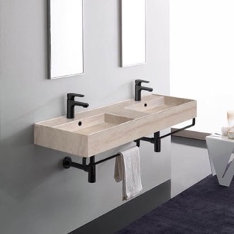 Bathroom Sink Beige Travertine Design Ceramic Wall Mounted Double Sink With Black Towel Bar Scarabeo 5116-E-TB-BLK