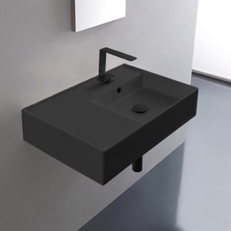 Bathroom Sink Matte Black Ceramic Wall Mounted or Vessel Sink With Counter Space Scarabeo 5117-49