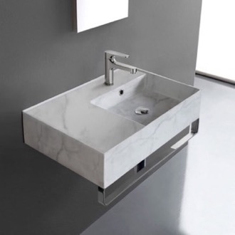 Bathroom Sink Marble Design Ceramic Wall Mounted Sink With Counter Space, Towel Bar Included Scarabeo 5117-F-TB